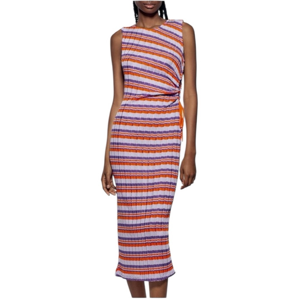 Zara Knit Striped Lightweight Midi Dress - Orange, Lilac and Purple size Small